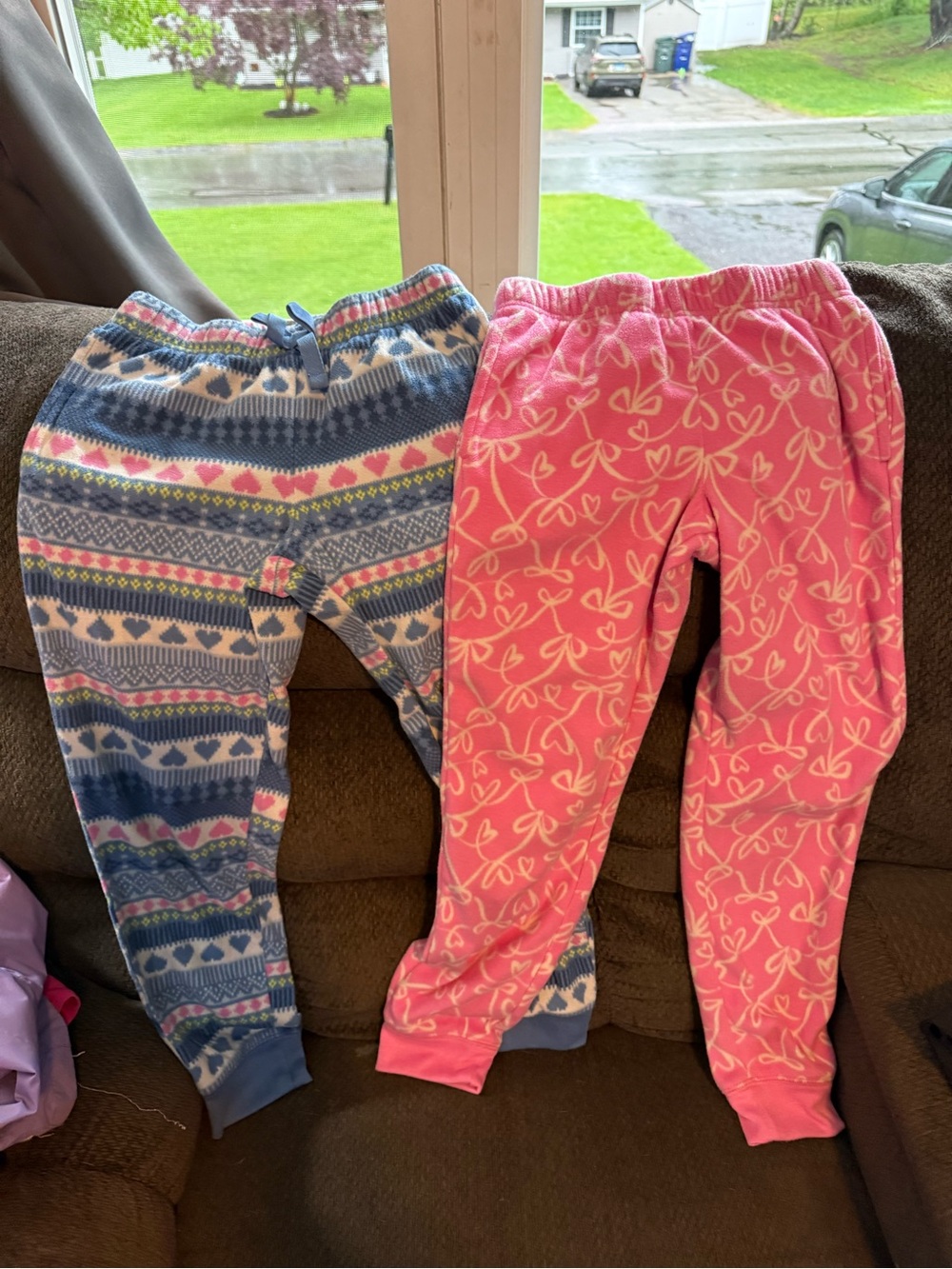 Girls Fleece Jogger Pants Set - Blue Fair Isle & Pink Bow Print